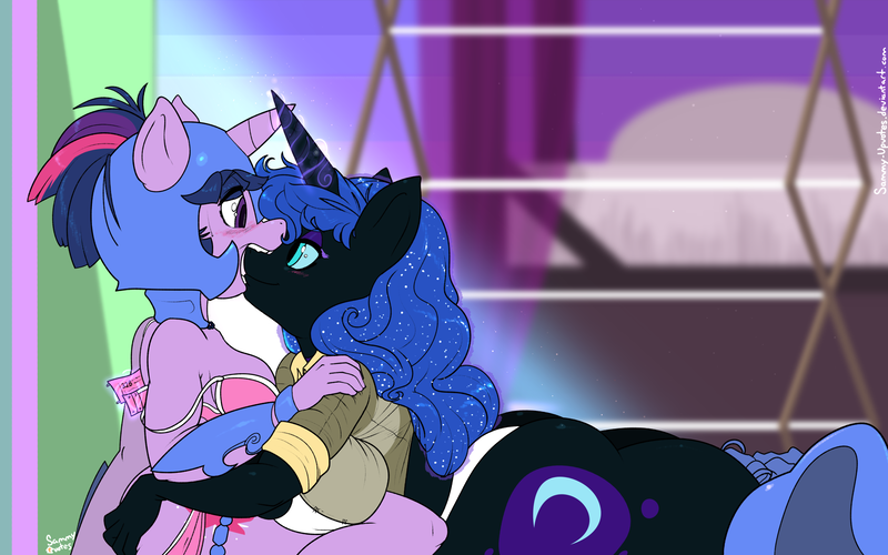 Size: 1920x1200 | Tagged: anthro, artist:sammy-upvotes, ass, big breasts, biting, blushing, breasts, busty nightmare moon, busty twilight sparkle, clothes, clothes swap, derpibooru import, eyeshadow, female, glowing horn, helmet, horns are touching, huge breasts, huge butt, impossibly large breasts, impossibly large butt, large butt, lesbian, magic, makeup, nightbutt, nightmare moon, nightmare moonbutt, panties, smiling, stupid sexy nightmare moon, suggestive, twilight sparkle, twimoon, undersized clothes, underwear, undressing, white underwear
