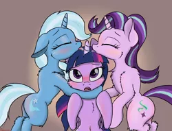 Size: 2268x1731 | Tagged: suggestive, artist:orang111, derpibooru import, starlight glimmer, trixie, twilight sparkle, twilight sparkle (alicorn), alicorn, pony, unicorn, belly button, bipedal, bipedal leaning, blushing, cheek fluff, chest fluff, counterparts, drool, eyes closed, female, floppy ears, fluffy, hornjob, hug, leaning, lesbian, licking, open mouth, ot3, polyamory, shipping, simple background, startrix, tongue out, twilight's counterparts, twistarlight, twixie, twixstar