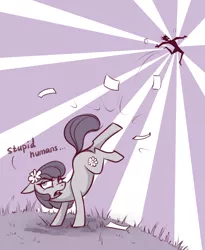 Size: 762x929 | Tagged: safe, artist:28gooddays, derpibooru import, lily, lily valley, human, pony, annoyed, bucking, dialogue, misanthropy, monochrome, paper, twinkle in the sky