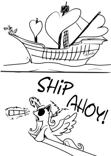 Size: 1382x1946 | Tagged: safe, artist:chopsticks, derpibooru import, princess cadance, alicorn, pony, eyepatch, funny, heart, humor, literal shipping, magic, monochrome, princess of shipping, pun, ship, shipper, shipper on deck, shout, solo, spyglass, telekinesis, text, visual pun, water