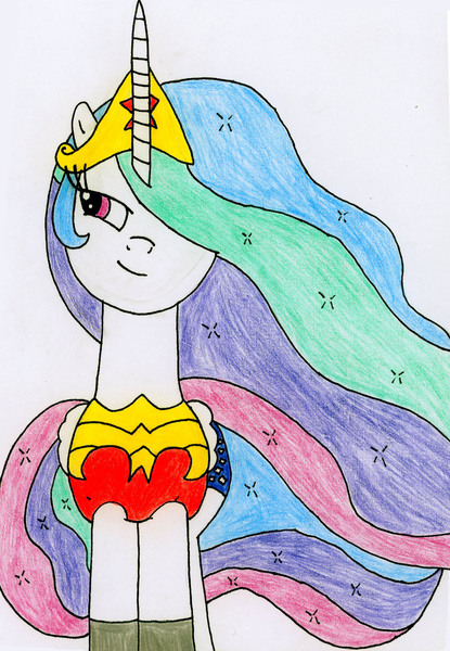 Size: 1972x2851 | Tagged: safe, artist:supahdonarudo, derpibooru import, princess celestia, alicorn, pony, clothes, cosplay, costume, female, mare, solo, superhero, traditional art, wonder woman