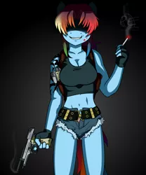 Size: 1500x1800 | Tagged: anthro, artist:ponyecho, black lagoon, blood, breasts, busty rainbow dash, cleavage, crossover, derpibooru import, female, gun, handgun, hidden eyes, rainbow dash, revy, revy dash, safe, smoking, solo, tattoo, weapon