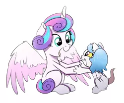 Size: 3000x2500 | Tagged: safe, artist:marukouhai, derpibooru import, princess flurry heart, oc, oc:eris, alicorn, hybrid, pony, high res, interspecies offspring, offspring, older, parent:discord, parent:princess celestia, parents:dislestia, simple background, sitting, smiling, white background