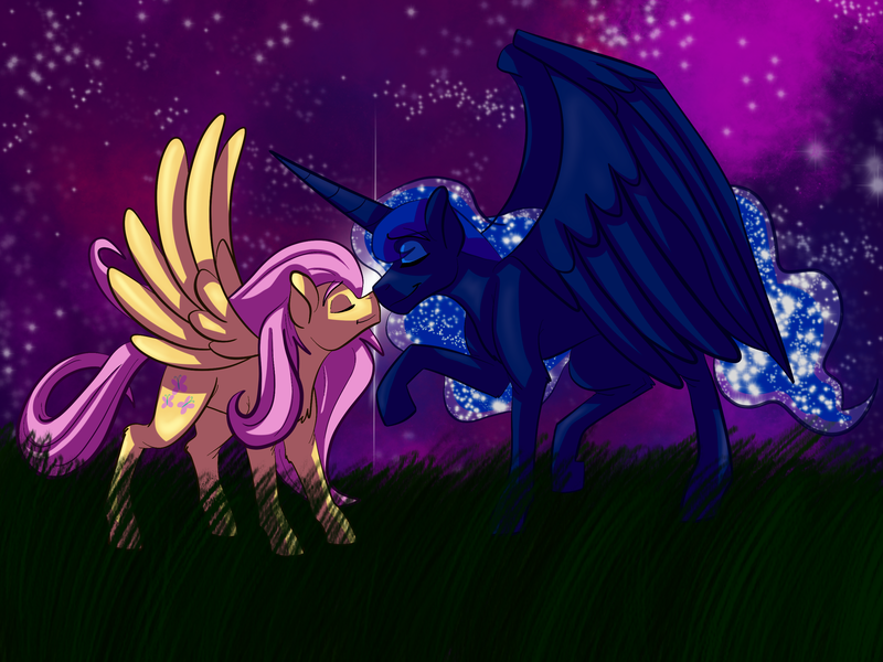 Size: 2732x2048 | Tagged: safe, artist:percy-mcmurphy, derpibooru import, fluttershy, princess luna, alicorn, pegasus, pony, boop, eyes closed, female, grass field, large wings, lesbian, long mane, lunashy, night, noseboop, nuzzling, raised hoof, shipping, size difference, smiling, spread wings, starry night, stars, wings