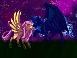 Size: 2732x2048 | Tagged: safe, artist:percy-mcmurphy, derpibooru import, fluttershy, princess luna, alicorn, pegasus, pony, boop, eyes closed, female, grass field, large wings, lesbian, long mane, lunashy, night, noseboop, nuzzling, raised hoof, shipping, size difference, smiling, spread wings, starry night, stars, wings