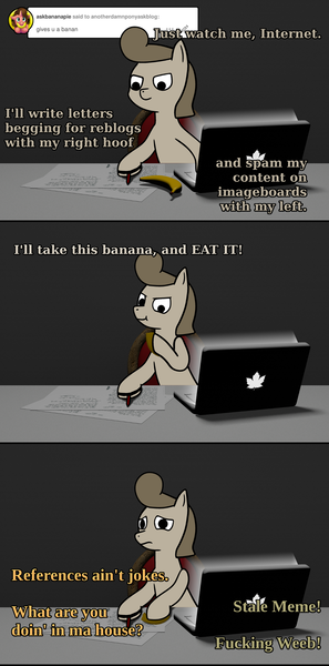 Size: 1186x2400 | Tagged: 3d, anotherdamnponyaskblog, artist:thepristineeye, banana, blender, chair, computer, death note, derpibooru import, desk, dialogue, food, laptop computer, meme, oc, oc:intern, reference, safe, sitting, text, tumblr, unofficial characters only, vulgar