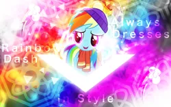 Size: 5760x3600 | Tagged: safe, artist:mlpwallpapermaker, artist:sol-r, derpibooru import, rainbow dash, absurd resolution, cap, clothes, color porn, cute, cutie mark, hat, quote, saddle bag, scarf, solo, vector, wallpaper