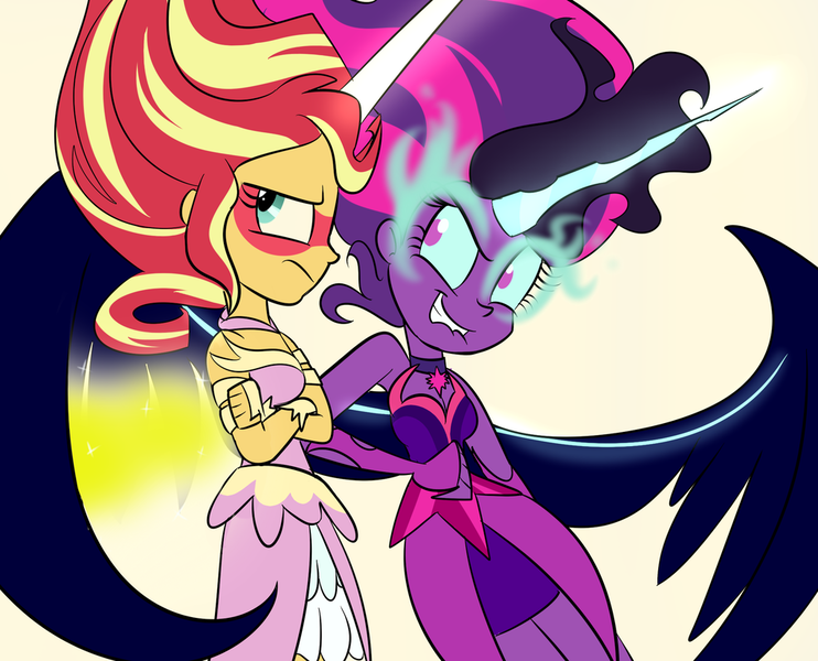 Size: 1024x828 | Tagged: safe, artist:wubcakeva, derpibooru import, sci-twi, sunset shimmer, twilight sparkle, equestria girls, bare shoulders, breasts, cleavage, clothes, crossed arms, daydream shimmer, dress, duo, evening gloves, female, fingerless gloves, gloves, glowing horn, large wings, lip bite, long gloves, looking away, midnight sparkle, nudge nudge, sleeveless, smiling, strapless, sunset shimmer is not amused, unamused, wings