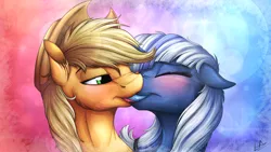 Size: 3840x2160 | Tagged: suggestive, artist:lupiarts, derpibooru import, applejack, oc, oc:silverlay, pony, unicorn, blushing, canon x oc, commission, cowboy hat, drool, eyes closed, female, floppy ears, french kiss, hat, high res, kissing, lesbian, mare, romance, shipping, silverjack, stetson