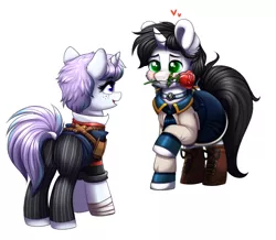 Size: 936x817 | Tagged: safe, artist:confetticakez, derpibooru import, oc, unofficial characters only, pony, unicorn, bioshock infinite, clothes, commission, crossover, cute, female, flower, freckles, heart, male, mare, oc x oc, open mouth, raised hoof, rose, shipping, simple background, smiling, stallion, straight, white background