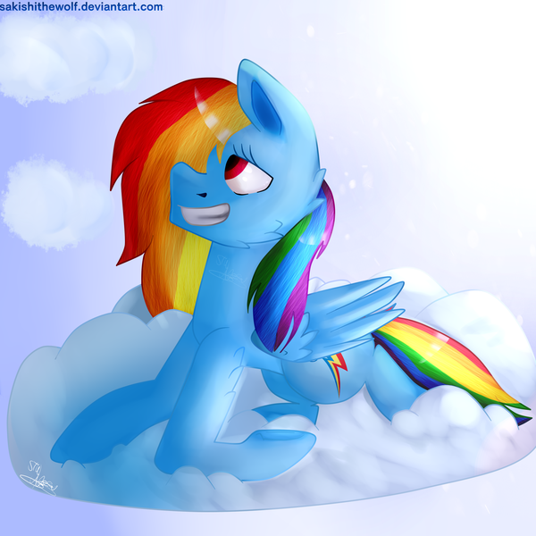 Size: 2200x2200 | Tagged: safe, artist:sakishithewolf, derpibooru import, rainbow dash, pegasus, pony, cloud, grin, smiling, solo