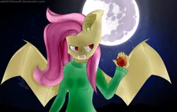 Size: 1597x1009 | Tagged: safe, artist:sakishithewolf, derpibooru import, fluttershy, anthro, bat pony, apple, flutterbat, food, full moon, mare in the moon, moon, race swap, solo, spread wings