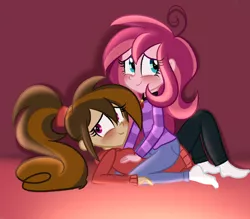 Size: 1024x899 | Tagged: suggestive, artist:wubcakeva, derpibooru import, oc, oc:contralto, oc:cupcake slash, unofficial characters only, equestria girls, blushing, clothes, disguised siren, equestria girls-ified, female, lesbian, looking at you, missing shoes, pants, simple background, smiling, socks