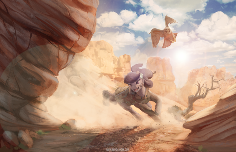 Size: 1500x971 | Tagged: safe, artist:blindcoyote, derpibooru import, octavia melody, eagle, earth pony, pony, awp, badass, canyon, clothes, commission, duo, female, gun, headset, mare, open mouth, running, scenery, smiling, sun, trotting, valley, weapon