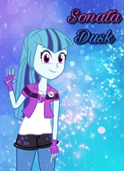 Size: 1480x2048 | Tagged: dead source, safe, artist:drewmwhit, derpibooru import, sonata dusk, equestria girls, rainbow rocks, alternate universe, clothes, eyeshadow, fingerless gloves, gloves, looking at you, makeup, smiling, solo, text