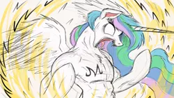 Size: 2000x1125 | Tagged: safe, artist:ncmares, derpibooru import, princess celestia, semi-anthro, unicorn, abs, dragon ball z, majin, majin celestia, muscles, open mouth, sharp teeth, solo, spread wings, super saiyan, super saiyan princess, tattoo, teeth, trace, tracing meme, werelestia