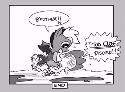 Size: 806x597 | Tagged: artist:loreto-arts, baby discord, black and white, comic:friendship is innuendo, derpibooru import, discord, dispike, dragon, gay, grayscale, male, monochrome, safe, shipping, spike