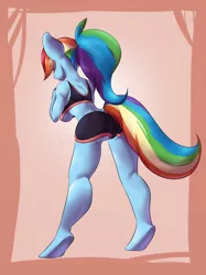 Size: 1280x1707 | Tagged: alternate hairstyle, anthro, artist:albana, artist:esodra, ass, breasts, busty rainbow dash, clothes, derpibooru import, female, midriff, ponytail, rainbow dash, rear view, shorts, solo, solo female, suggestive, unguligrade anthro