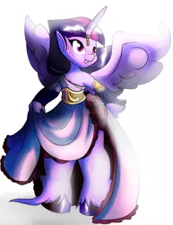 Size: 2111x2740 | Tagged: alicorn, alternate hairstyle, anthro, artist:heyerika, cleavage, clothes, derpibooru import, dress, female, horn ring, looking at something, safe, smiling, solo, spread wings, twilight sparkle, twilight sparkle (alicorn), unguligrade anthro, unshorn fetlocks