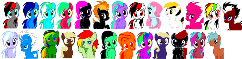 Size: 4475x1100 | Tagged: safe, derpibooru import, oc, unofficial characters only, absurd resolution, color, cute, friends, recolor, red and black oc, sc ponys, simple background, transparent background