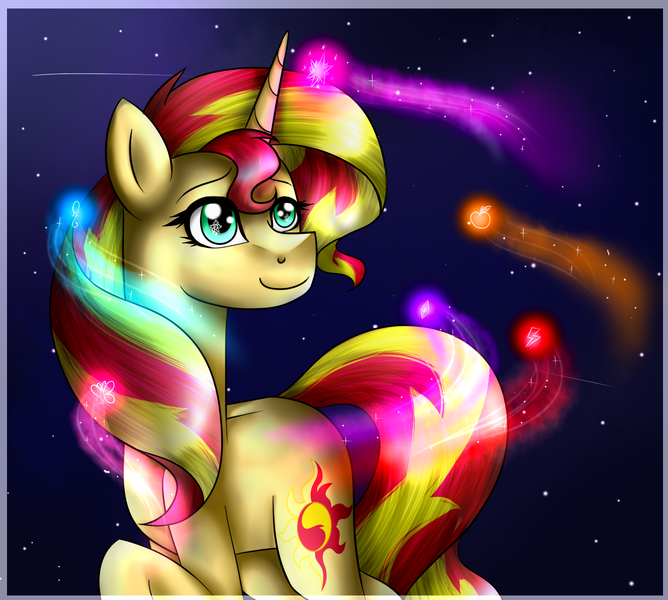 Size: 1336x1200 | Tagged: safe, artist:lada03, derpibooru import, sunset shimmer, pony, unicorn, female, giant pony, giant/macro sunset shimmer, macro, magic, mare, smiling, solo, stars