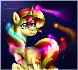 Size: 1336x1200 | Tagged: safe, artist:lada03, derpibooru import, sunset shimmer, pony, unicorn, female, giant pony, giant/macro sunset shimmer, macro, magic, mare, smiling, solo, stars