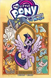 Size: 329x499 | Tagged: safe, artist:brendahickey, derpibooru import, idw, official, flash magnus, meadowbrook, mistmane, rockhoof, somnambula, star swirl the bearded, twilight sparkle, twilight sparkle (alicorn), alicorn, earth pony, pegasus, pony, unicorn, legends of magic, spoiler:comic, spoiler:comiclom1, amazon.com, book, merchandise, my little pony logo, pillars of equestria