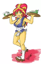 Size: 1518x2343 | Tagged: suggestive, artist:nayaasebeleguii, derpibooru import, sunset shimmer, equestria girls, armpits, bowl, braless, breasts, busty sunset shimmer, cleavage, clothes, colored pupils, cup, erect nipples, female, food, fundoshi, geta, happi, looking at you, nipple outline, obi, open mouth, sandals, serving tray, sideboob, smiling, socks, solo, sunset sushi, sushi, toy interpretation