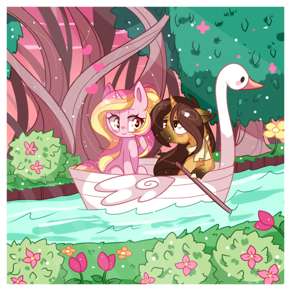 Size: 1300x1300 | Tagged: safe, artist:ipun, derpibooru import, oc, unofficial characters only, pony, unicorn, clothes, female, heart eyes, male, mare, oc x oc, rowing, scarf, shipping, stallion, straight, swan boat, tree, wingding eyes