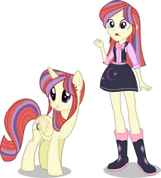 Size: 8607x9500 | Tagged: safe, artist:limedazzle, derpibooru import, moondancer, alicorn, pony, unicorn, equestria girls, absurd resolution, alicornified, alternate hairstyle, alternate universe, backwards cutie mark, boots, bowtie, clothes, crescent moon, cute, equestria girls-ified, female, high heel boots, human ponidox, legs, mare, moon, open mouth, race swap, self ponidox, simple background, skirt, transparent background, vector
