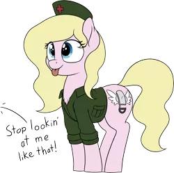 Size: 3065x3053 | Tagged: safe, artist:zippysqrl, derpibooru import, oc, oc:nurse bonesaw, unofficial characters only, earth pony, pony, :p, chest fluff, clothes, cute, dialogue, face of evil, face of mercy, female, mare, mlem, nurse outfit, ocbetes, offscreen character, shirt, silly, simple background, smiling, solo, tongue out, transparent background