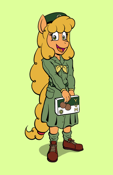 Size: 777x1200 | Tagged: safe, artist:regularmouseboy, derpibooru import, oc, oc:caramel lantern, unofficial characters only, anthro, earth pony, 20th century, beret, blazing conflict, clothes, cookie box, cousin, cute, dress, generic pose, girl scout, looking at you, open mouth, scout, scout uniform, shoes, smiling, solo, tomboy, vintage