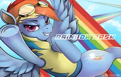 Size: 1611x1023 | Tagged: safe, artist:veinalgonic, derpibooru import, rainbow dash, pegasus, pony, clothes, female, flying, goggles, looking at you, mare, rainbow, solo, uniform, wonderbolt trainee uniform