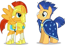 Size: 8500x5891 | Tagged: safe, artist:limedazzle, derpibooru import, flash sentry, sunburst, pony, absurd resolution, alternate universe, armor, cloak, clothes, clothes swap, crystal empire duo, duo, glasses, mane swap, palette swap, race swap, recolor, royal guard, simple background, smiling, species swap, transparent background, vector