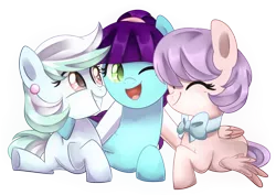 Size: 1024x726 | Tagged: safe, artist:slasharu, derpibooru import, oc, unofficial characters only, earth pony, pegasus, pony, bowtie, eyes closed, female, mare, one eye closed, prone, simple background, smiling, transparent background, wink