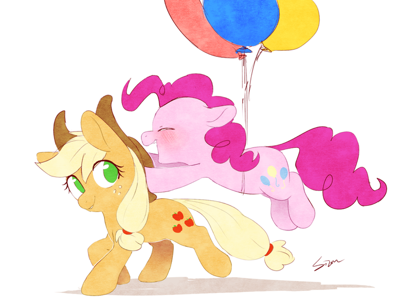 Size: 1000x769 | Tagged: safe, artist:sion, derpibooru import, applejack, pinkie pie, earth pony, pony, balloon, blushing, duo, eyes closed, floating, floppy ears, happy, looking back, open mouth, simple background, smiling, then watch her balloons lift her up to the sky, white background