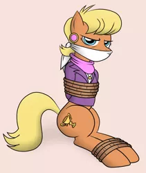 Size: 1400x1655 | Tagged: suggestive, artist:nivek15, derpibooru import, ms. harshwhinny, earth pony, pony, arm behind back, bondage, cloth gag, clothes, cougar, female, gag, jackpot, mare, rope, ropes, simple background, sitting, solo