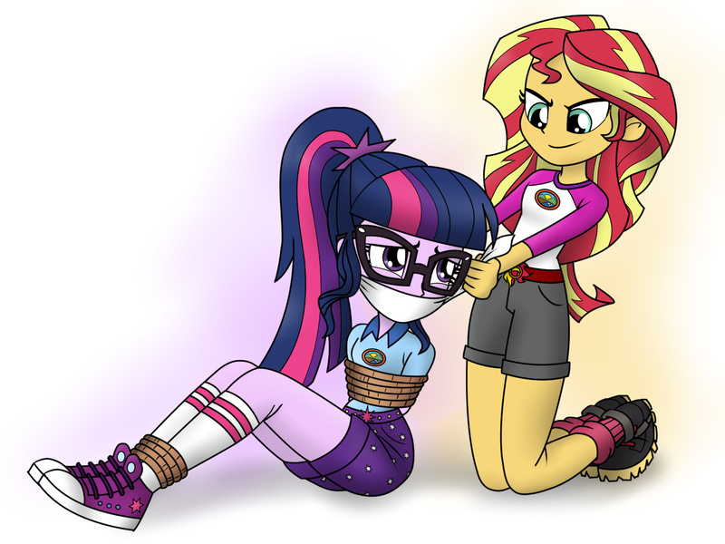 Size: 1600x1200 | Tagged: suggestive, artist:nivek15, derpibooru import, sci-twi, sunset shimmer, twilight sparkle, equestria girls, legend of everfree, arm behind back, bondage, camping outfit, clothes, converse, gag, hands behind back, out of character, ponytail, rope, shoes, sneakers