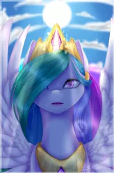 Size: 1464x2232 | Tagged: safe, artist:midfire, derpibooru import, princess celestia, alicorn, pony, cloud, crown, jewelry, looking at you, regalia, sky, solo, spread wings, sun