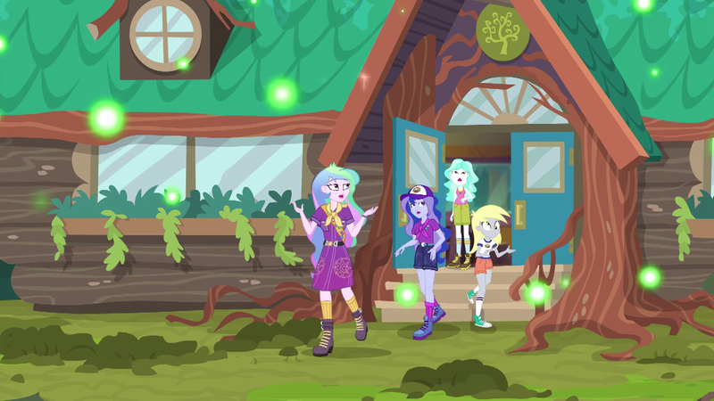 Size: 1280x720 | Tagged: safe, derpibooru import, derpy hooves, paisley, princess celestia, princess luna, equestria girls, legend of everfree, boots, camp everfree, cap, clothes, converse, hat, log cabin, principal celestia, sash, scarf, shoes, shorts, socks, vice principal luna