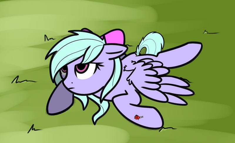 Size: 1280x781 | Tagged: safe, artist:neuro, derpibooru import, flitter, pegasus, pony, bow, dart, female, hair bow, lidded eyes, mare, prone, sedation, solo, unamused, wing fluff