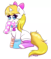 Size: 651x745 | Tagged: safe, artist:confetticakez, derpibooru import, oc, unofficial characters only, pony, unicorn, bow, chest fluff, clothes, cute, female, gift art, hair bow, hnnng, mare, mouth hold, ocbetes, simple background, sitting, smiling, socks, solo, striped socks, white background