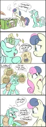 Size: 491x1365 | Tagged: safe, artist:lance, derpibooru import, bon bon, lyra heartstrings, sweetie drops, ponified, earth pony, pony, 4koma, :p, comic, dialogue, epona, eyes closed, female, grammar error, lesbian, levitation, lon lon milk, looking at each other, lyrabon, magic, mare, milk, open mouth, saddle bag, shipping, shopping, smiling, sparkles, telekinesis, the legend of zelda, tongue out