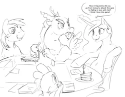 Size: 1280x989 | Tagged: safe, artist:silfoe, derpibooru import, big macintosh, discord, princess celestia, spike, alicorn, dragon, pony, royal sketchbook, cake, cakelestia, dungeons and dragons, female, food, grayscale, lineart, male, mare, monochrome, ogres and oubliettes