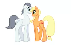 Size: 1104x704 | Tagged: applejack, appleshill, artist:pinkkat678, derpibooru import, female, looking at each other, male, safe, shipping, silver shill, simple background, straight