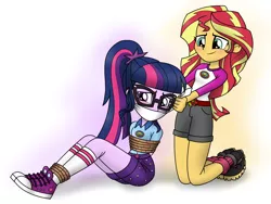 Size: 1600x1200 | Tagged: suggestive, alternate version, artist:nivek15, derpibooru import, sci-twi, sunset shimmer, twilight sparkle, equestria girls, legend of everfree, arm behind back, blushing, bondage, camp everfree outfits, camping outfit, cloth gag, clothes, consensual, converse, female, females only, gag, hands behind back, lesbian, rope, scitwishimmer, shipping, shoes, smiling, sneakers, sunsetsparkle