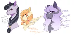 Size: 1214x566 | Tagged: safe, artist:kittii-kat, derpibooru import, oc, oc:honey bee, oc:melusine, oc:neoma, unofficial characters only, earth pony, pegasus, pony, bust, magical lesbian spawn, offspring, parent:apple bloom, parent:discord, parent:octavia melody, parent:princess luna, parent:trixie, parents:lunatavia, parents:trixcord, portrait