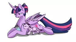 Size: 1600x885 | Tagged: safe, artist:caldercloud, derpibooru import, twilight sparkle, twilight sparkle (alicorn), oc, oc:zeke, alicorn, hybrid, pony, zony, baby, baby pony, curved horn, female, foal, interspecies offspring, magical lesbian spawn, mother and child, offspring, parent:twilight sparkle, parent:zecora, parents:twicora, prone, simple background, white background