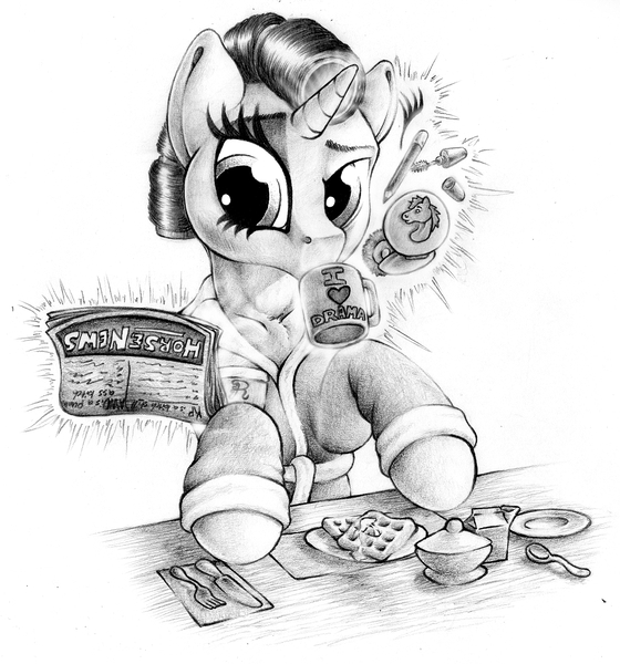 Size: 1280x1372 | Tagged: artist:hardrockllama, bathrobe, breakfast, clothes, coffee mug, cream, derpibooru import, food, grayscale, magic, makeup, monochrome, morning ponies, mug, newspaper, plate, rarity, robe, safe, solo, spoon, telekinesis, traditional art, waffle