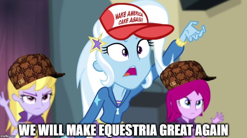 Size: 896x500 | Tagged: safe, derpibooru import, screencap, fuchsia blush, lavender lace, trixie, equestria girls, rainbow rocks, crossing the memes, donald trump, hat, make america great again, make equestria great again, meme, mouthpiece, politics, scumbag hat